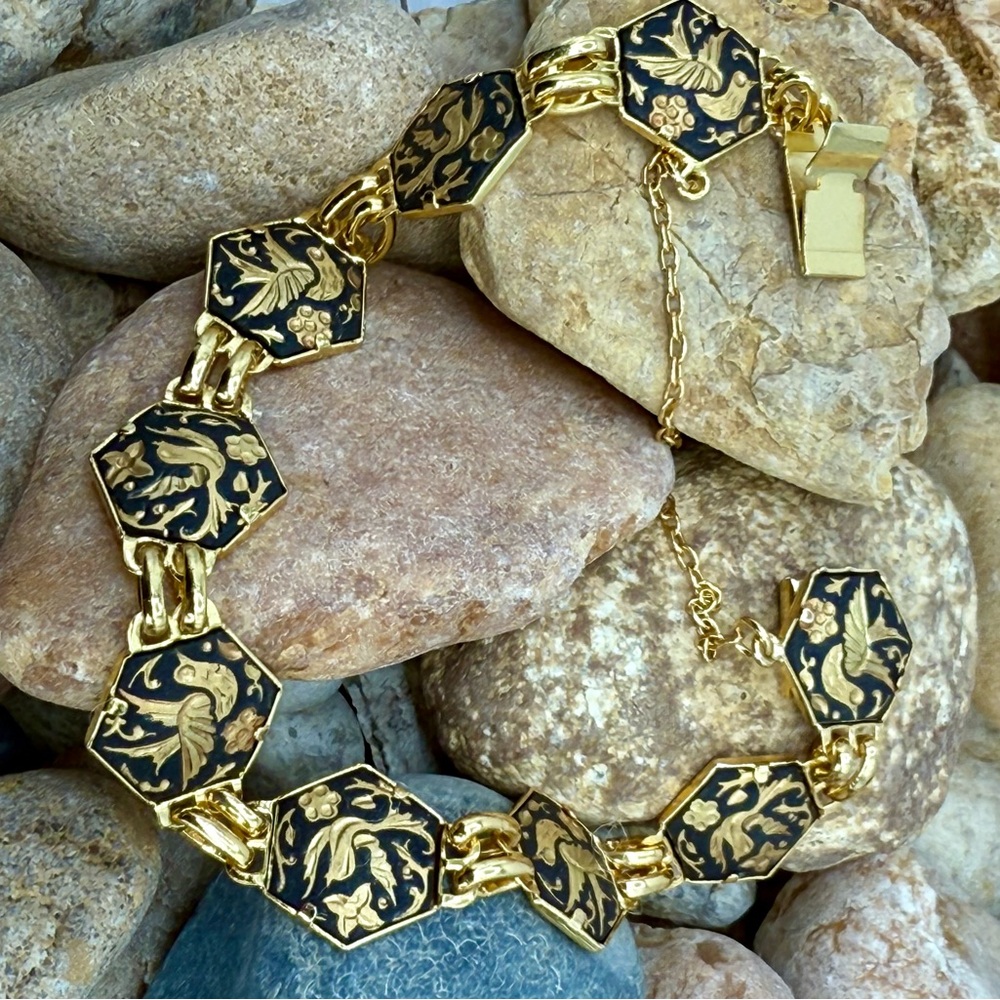 Vintage Toledo Damascene Spain Bird Floral Gold Black Bracelet 7.75”–8” - Picture 11 of 17